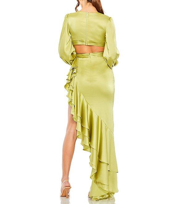 Mac Duggal Satin Deep V-Neck Long Balloon Sleeve Cut-Out Side Tiered Ruffle Asymmetrical Hemline Gown Product Image