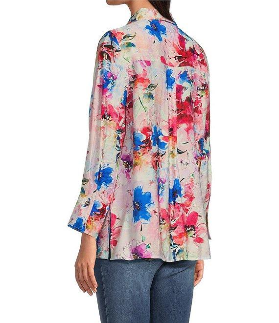 Calessa Petite Size Textured Crinkle Antique Abstract Print Point Collar Long Sleeve Button Front Blouse Product Image