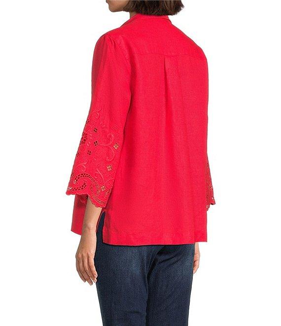 John Mark Wire Collar 3/4 Sleeves Embroidered Eyelet Shirt Product Image
