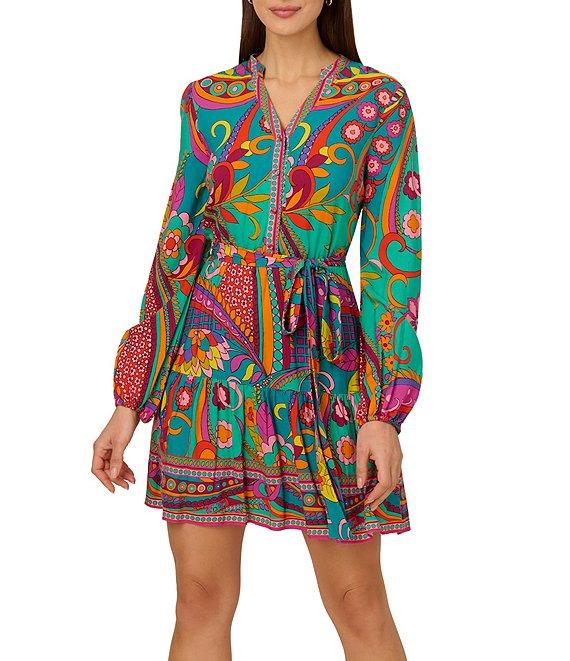 Adrianna by Adrianna Papell Abstract Printed Surplice V-Neck Long Sleeve Dress Product Image
