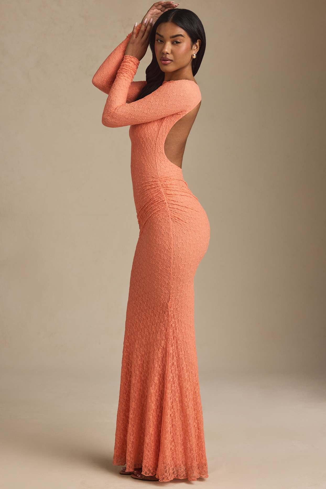 Ruched Backless Lace Maxi Dress in Peach Product Image