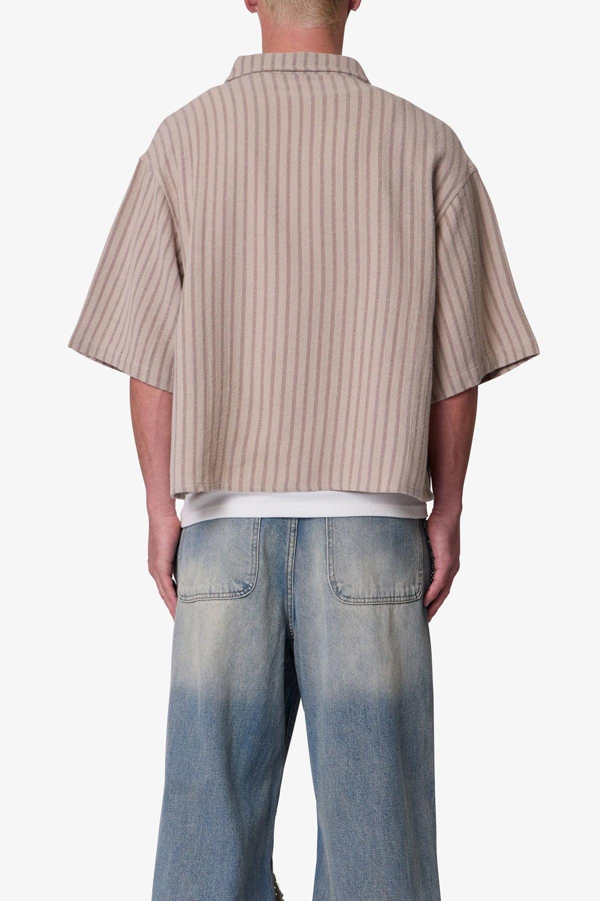 Cropped Boxy Striped S/S Shirt - Khaki Product Image