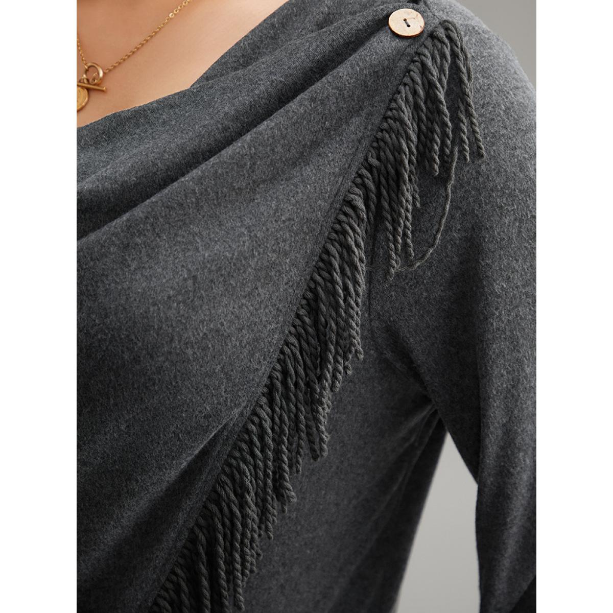 Plus Size Cowl Neck Tassels Button Detail Wrap Sweatshirt Women DimGray Elegant Wrap Cowl Neck Everyday Sweatshirts BloomChic 14-16/1X Product Image