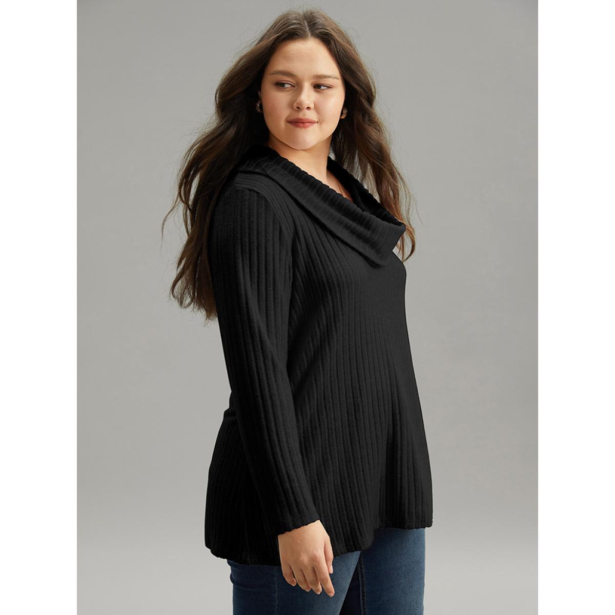 Plus Size Plain Rib Knit Cowl Neck T-shirt Black Women Elegant Texture Plain Ruffled collar Dailywear T-shirts BloomChic 28/5X Product Image