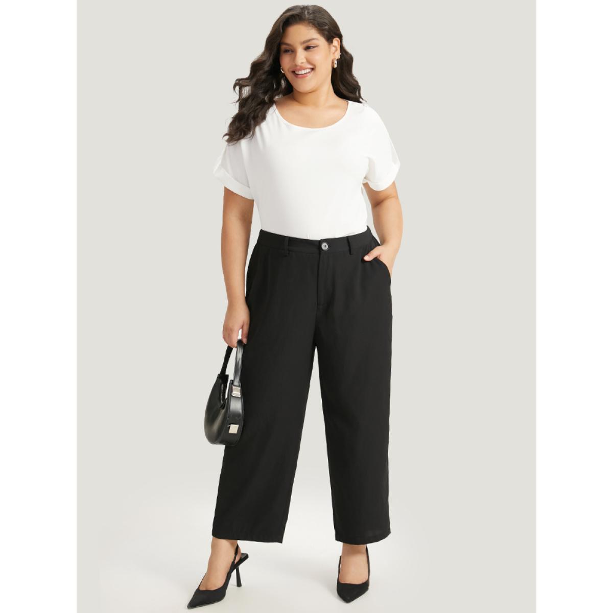 Plus Size Plain Pocket Elastic Waist High Rise Pants Women Indigo Office Straight Leg High Rise Work Pants BloomChic 22-24/3X Product Image