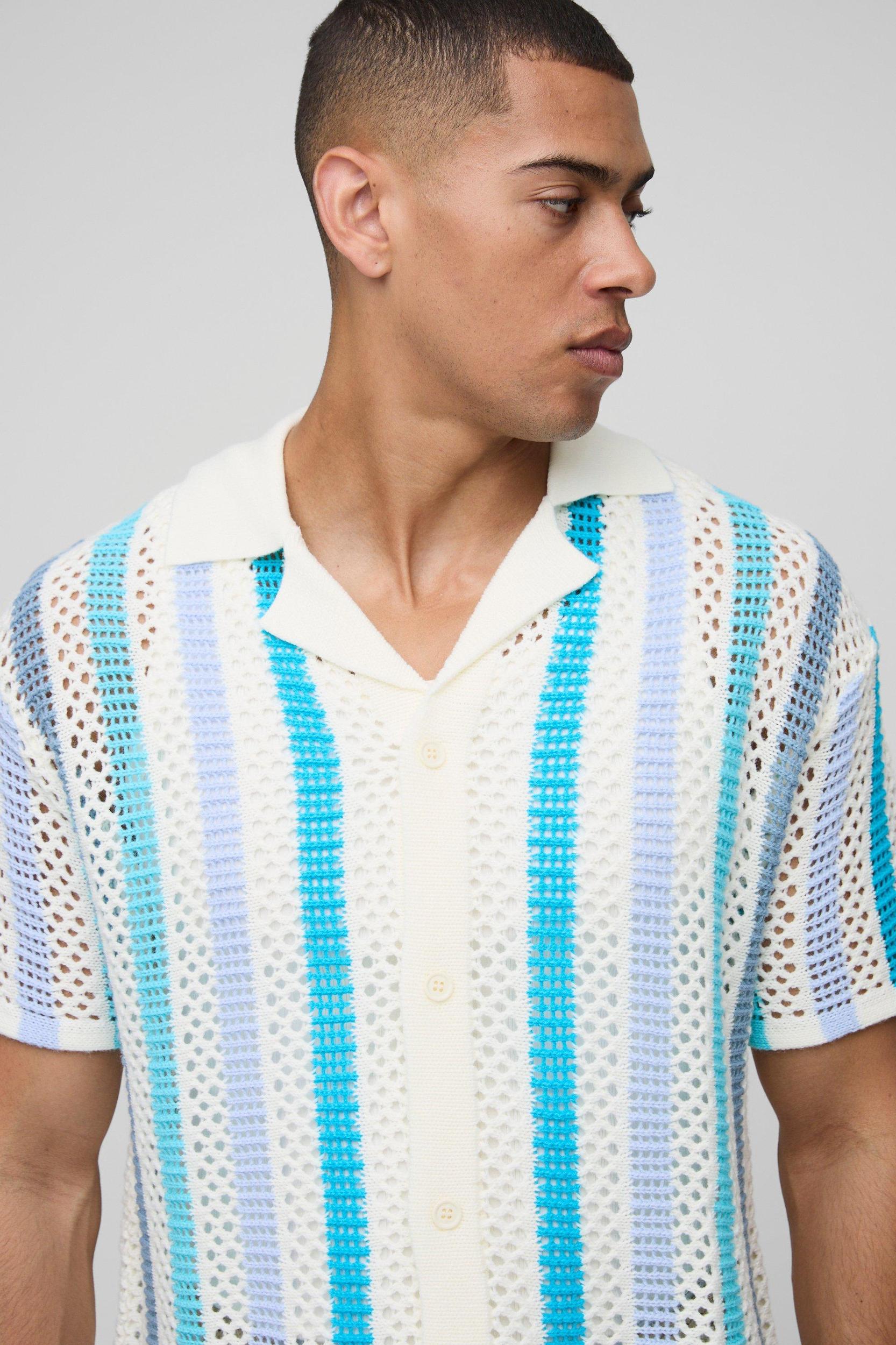 Relaxed Open Stitch Stripe Knitted Shirt | boohooMAN USA Product Image