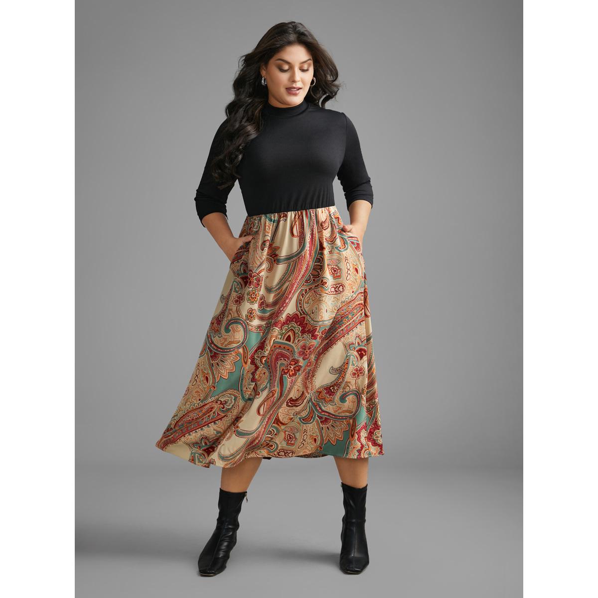 Plus Size Bandana Print Patchwork Elastic Waist Dress Black Women Resort Patchwork Mock Neck Elbow-length sleeve Curvy BloomChic 30/6X Product Image