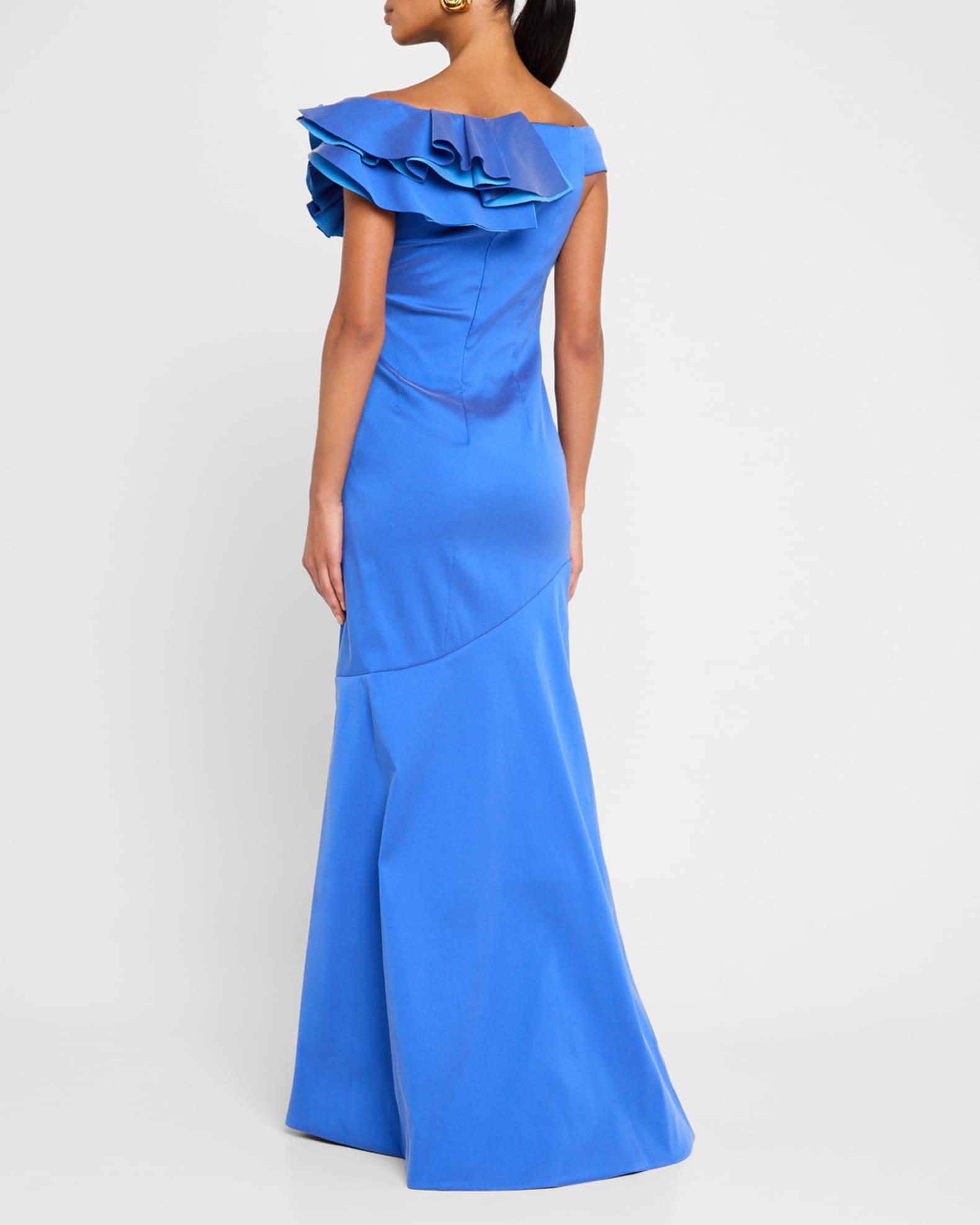 Pleated Off-Shoulder Ruffle Gazar Gown Product Image