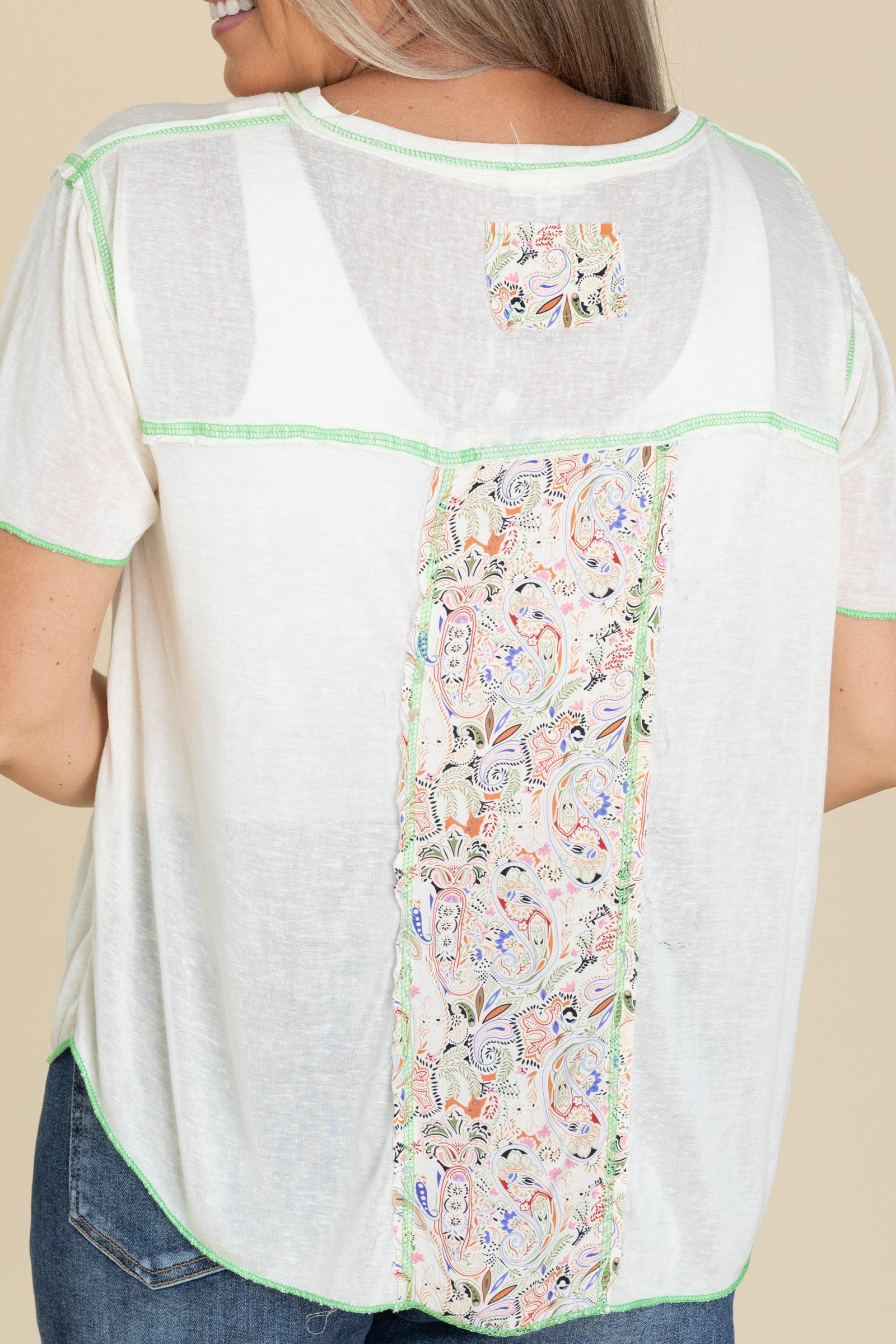 V-Neck Contrast Seam Mixed Print Top Product Image