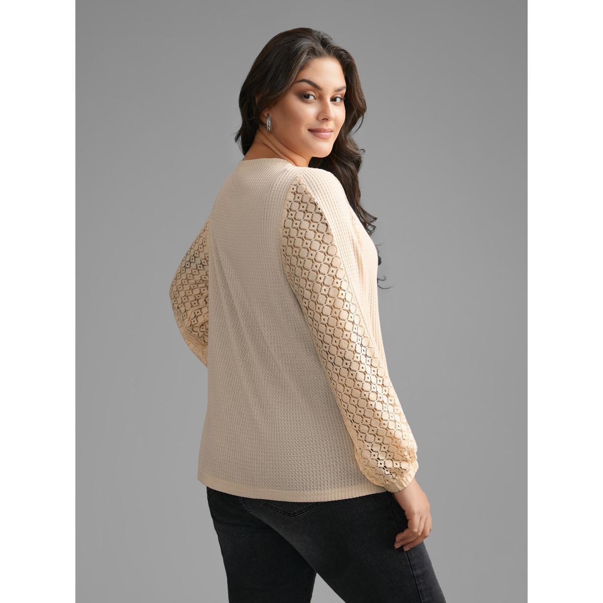 Plus Size Textured Patchwork Lace Panel T-shirt Champagne Women Casual Texture Non Everyday T-shirts BloomChic 10/M Product Image