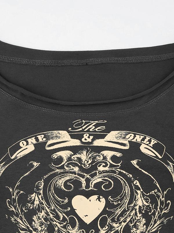 Vintage Heart Print Off Shoulder Long Sleeve Tee Product Image