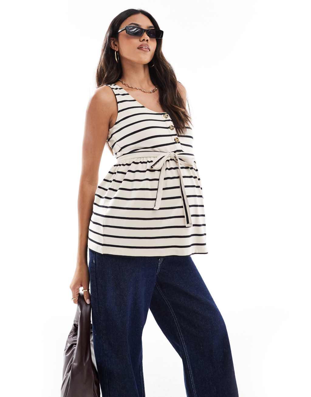 Mamalicious Maternity tank top with self tie in navy stripe Product Image