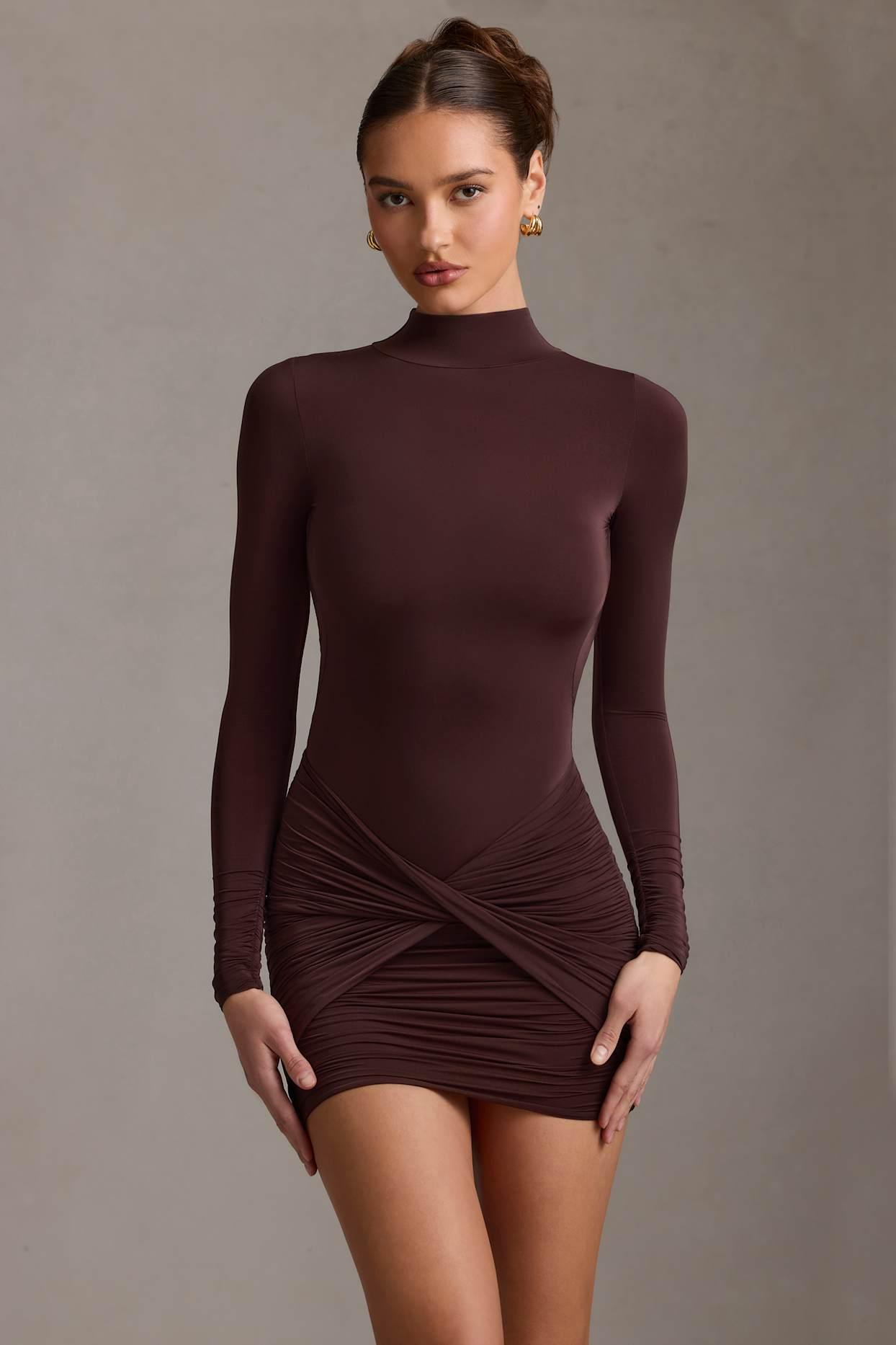Ruched Backless Turtleneck Mini Dress in Chocolate Brown Product Image
