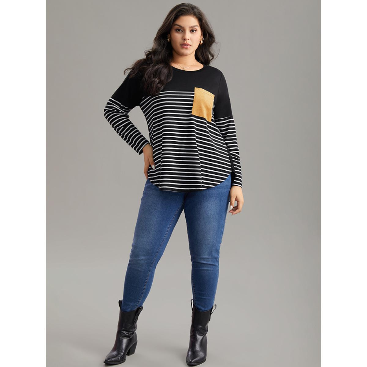 Plus Size Striped Contrast Patched Pocket Arc Hem T-shirt Black Women Casual Contrast Striped Round Neck Dailywear T-shirts BloomChic 22-24/3X Product Image