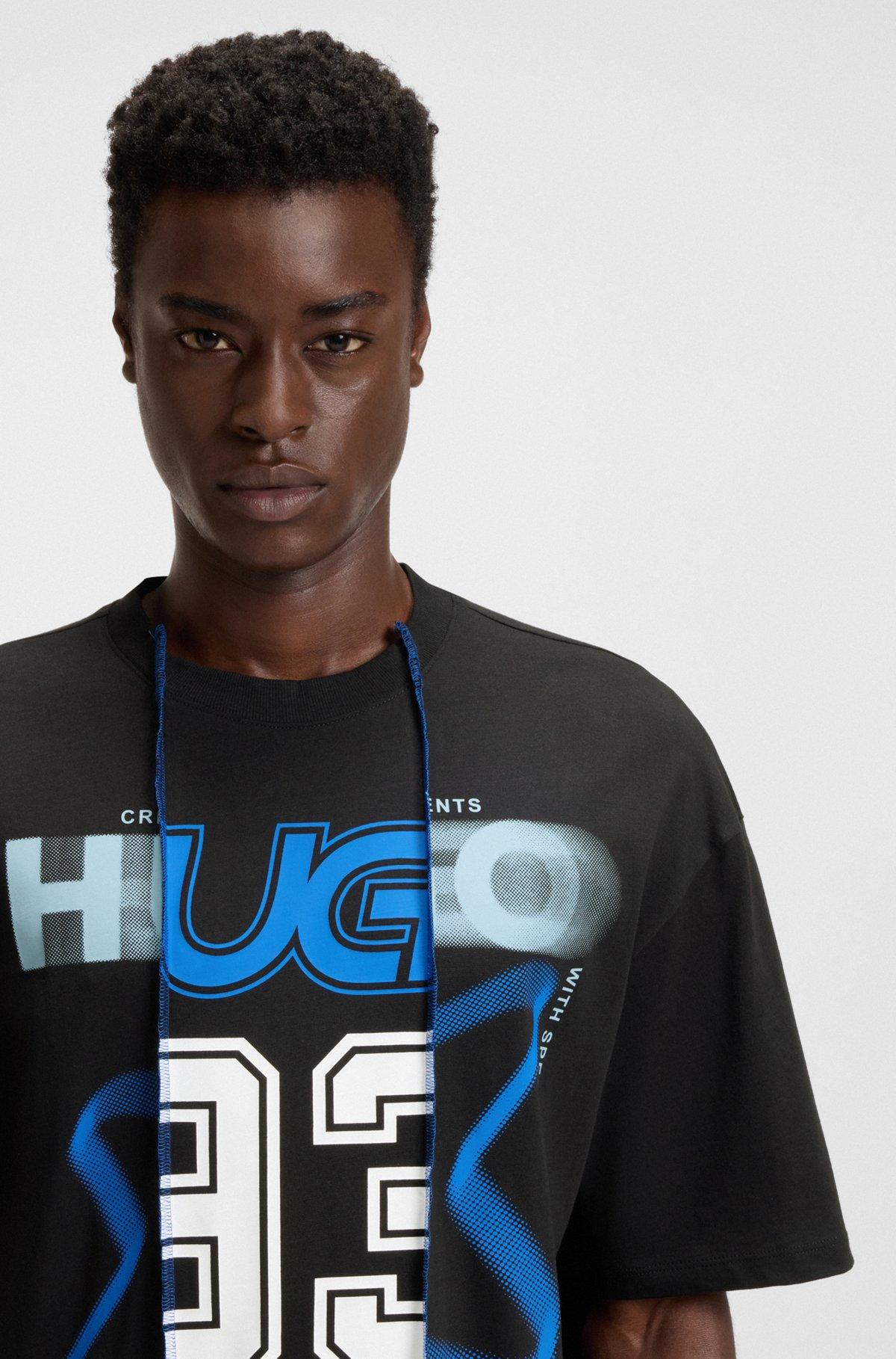 HUGO - Cotton-jersey T-shirt with layered effect - Black Product Image