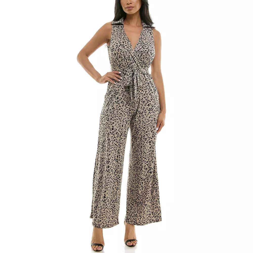 Women's Nina Leonard Print Collared Sleeveless Surplice Wide-Leg Jumpsuit, Size: Large, Black Combo Product Image
