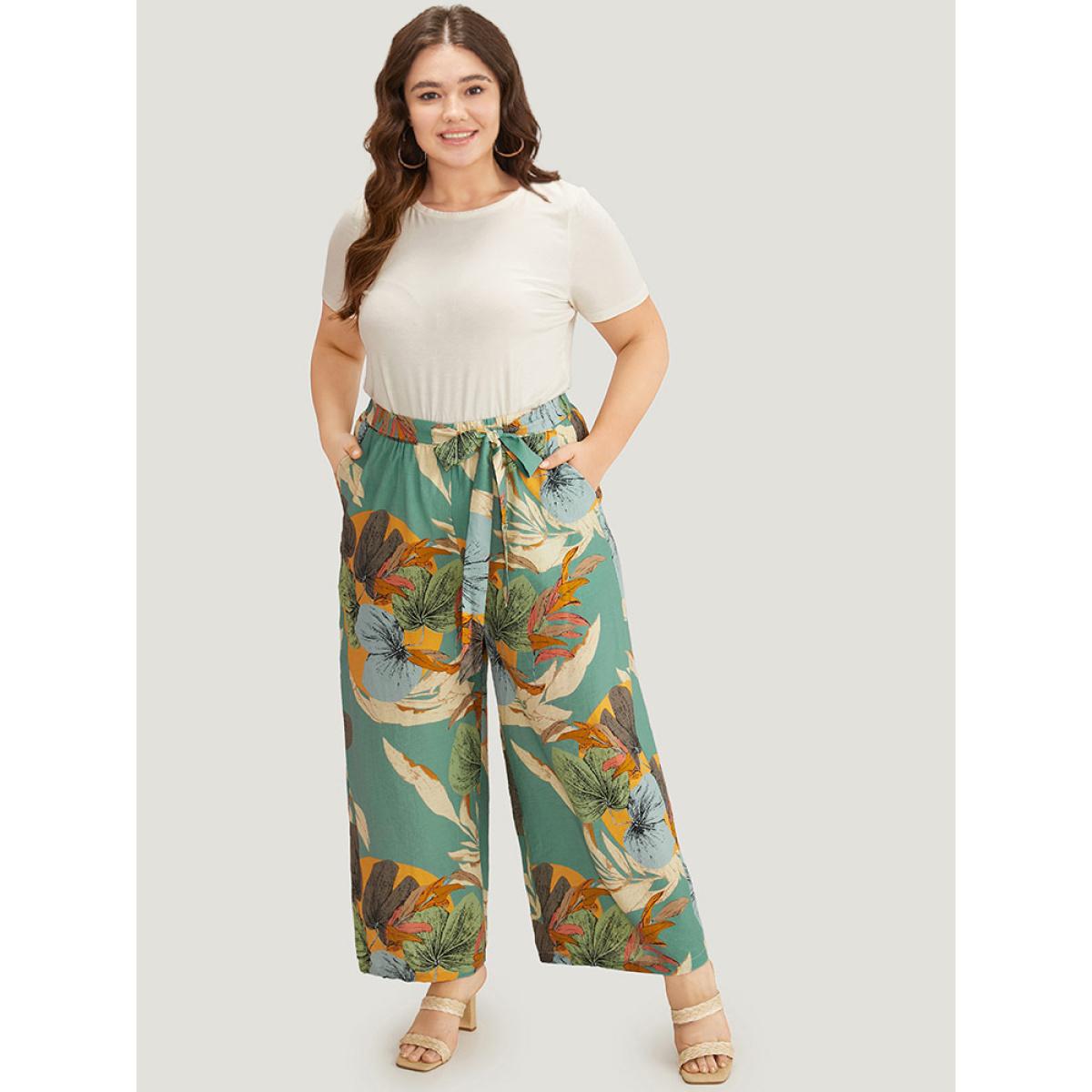 Plus Size Plants Print Elastic Waist Ties Pants Women Mint Vacation Straight Leg High Rise Dailywear Pants BloomChic 26/4X Product Image