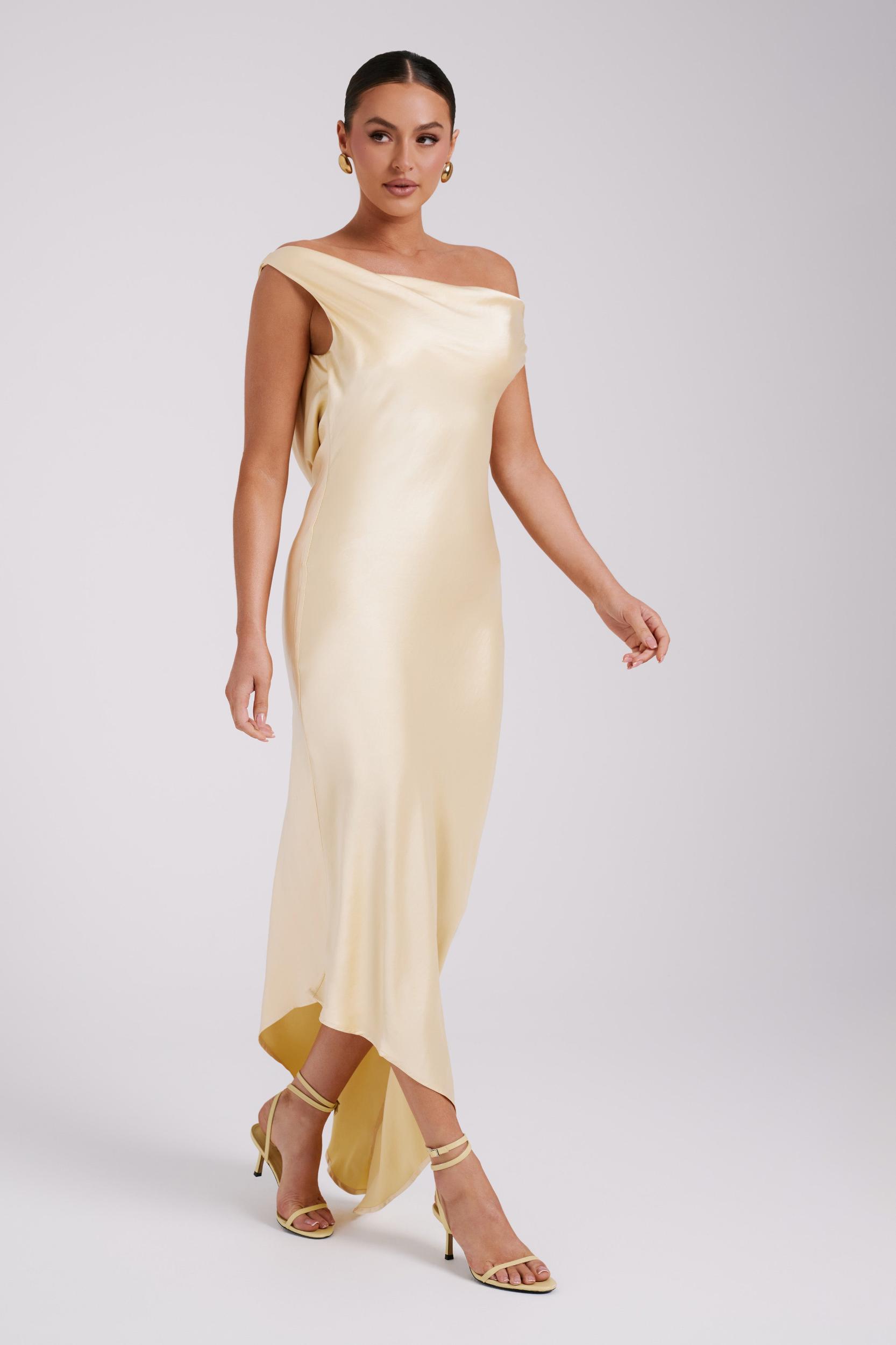 Yvette Slip Maxi Dress With Asymmetrical Hem - Butter Product Image