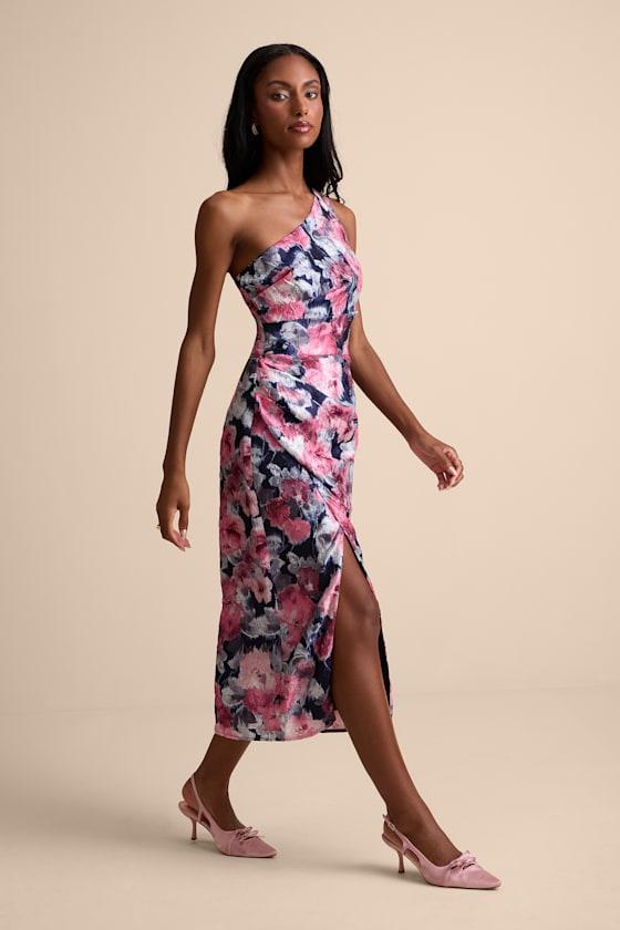 Jemmilah Navy Floral Textured One-Shoulder Midi Dress Product Image