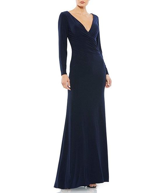 Mac Duggal Long Sleeve Surplice V-Neck Column Faux Wrap Gown Product Image