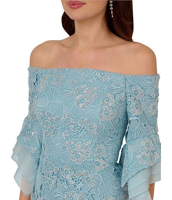 Adrianna Papell Sequin Lace Off-The-Shoulder Neck 3/4 Flutter Sleeve Column Gown Product Image