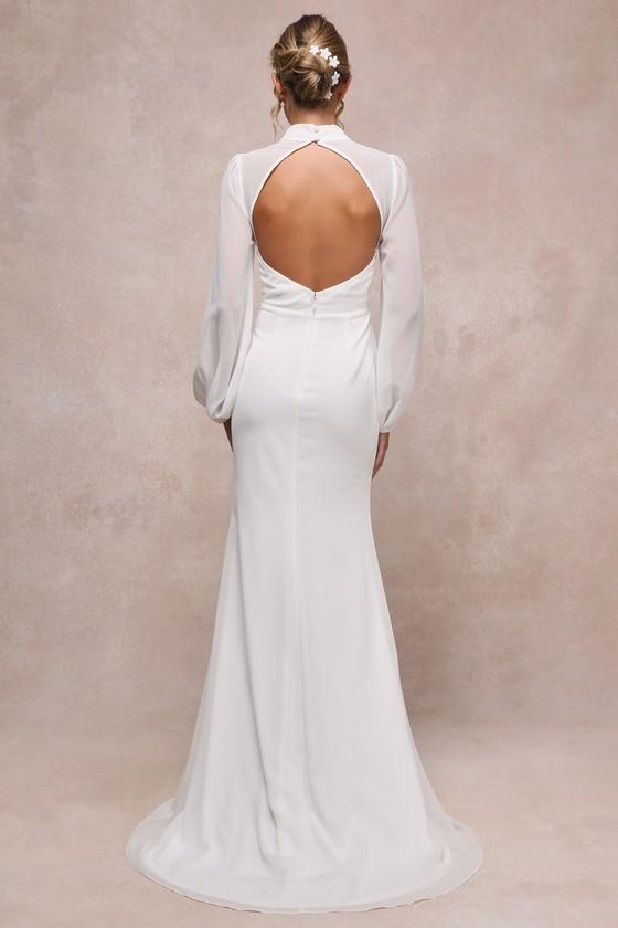 Graceful Love White Long Sleeve Backless Mermaid Maxi Dress Product Image