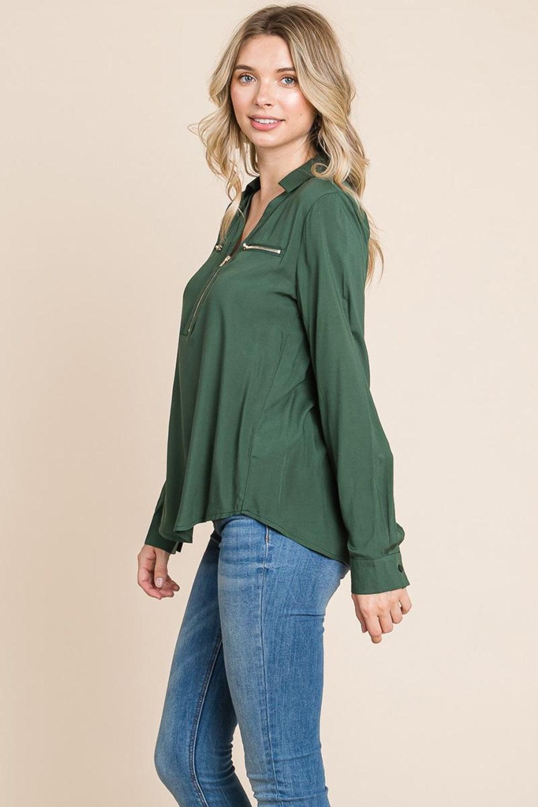 V Neck Front Zip Up Long Sleeve Top Product Image