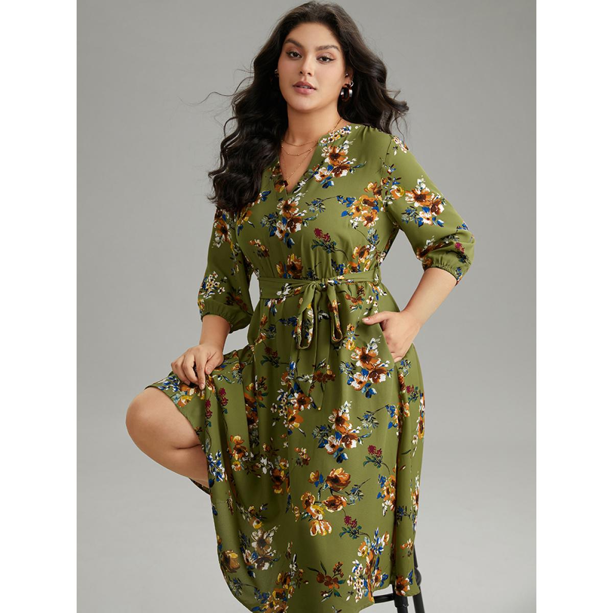Plus Size Floral Notched Belted Elastic Waist Dress Moss Women Elegant Elastic cuffs Notched collar Elbow-length sleeve Curvy Midi Dress BloomChic 18-20/2X Product Image