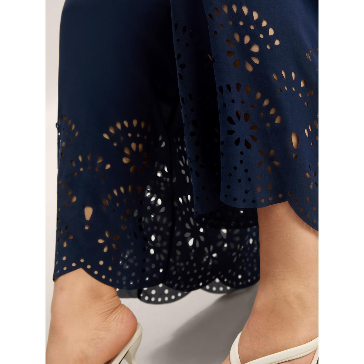 Plus Size Navy Laser-Cut Hem Shirred Wide-Leg Jumpsuit Women Romantic Short sleeve V-neck Elegant Loose Jumpsuits BloomChic 22-24/3X Product Image