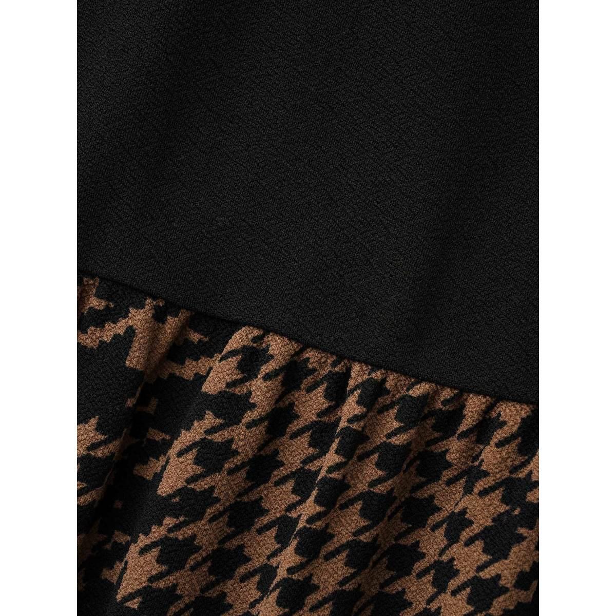 Plus Size Houndstooth Patchwork Cut Out Midi Dress Browncoffeecolor Women At the Office Patchwork Round Neck Long Sleeve Curvy BloomChic 14-16/1X Product Image