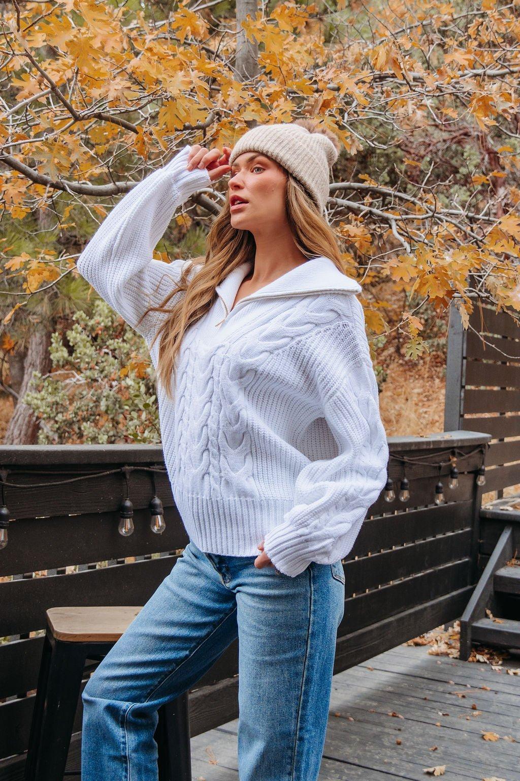 White Quarter Zip Cable Knit Sweater - FINAL SALE Product Image