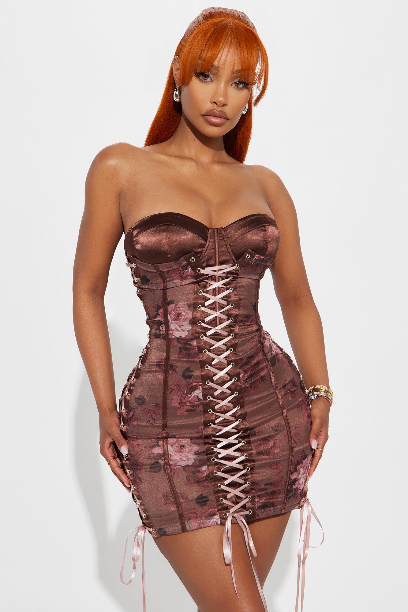 Monet Floral Lace Up Mini Dress - Brown Product Image