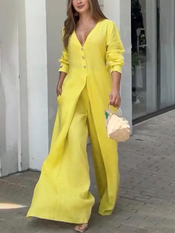 High Waisted Long Sleeves Buttoned Pockets Solid Color V-Neck Jumpsuits Product Image