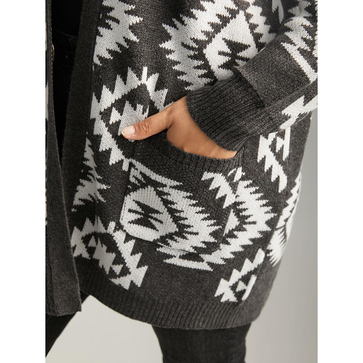 Plus Size Bandana Print Elastic Cuffs Patched Pocket Cardigan DimGray Women Casual Loose Long Sleeve Dailywear Cardigans BloomChic 12/L Product Image