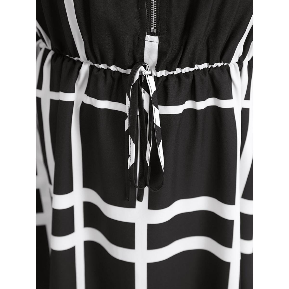 Plus Size Plaid Knot Front Pocket Arc Hem Zipper Dress Black Women Office Arc Hem V-neck Short sleeve Curvy Midi Dress BloomChic 26/4X Product Image