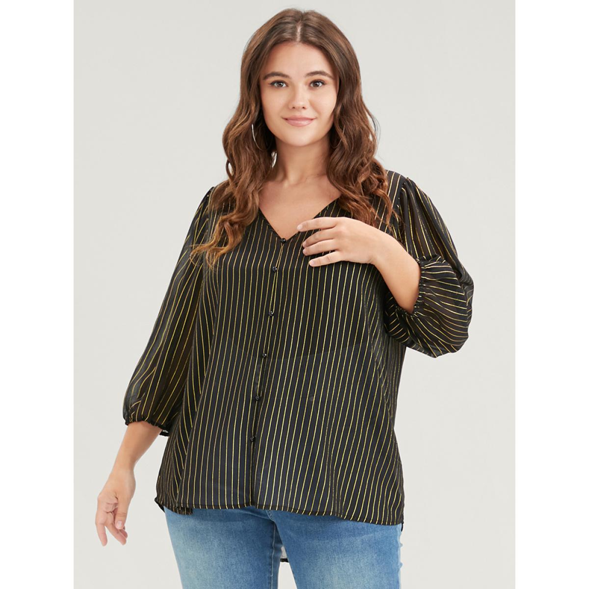 Plus Size Black Striped Mesh Lantern Sleeve V Neck Blouse Women Elegant Elbow-length sleeve V-neck Dailywear Blouses BloomChic 26/4X Product Image