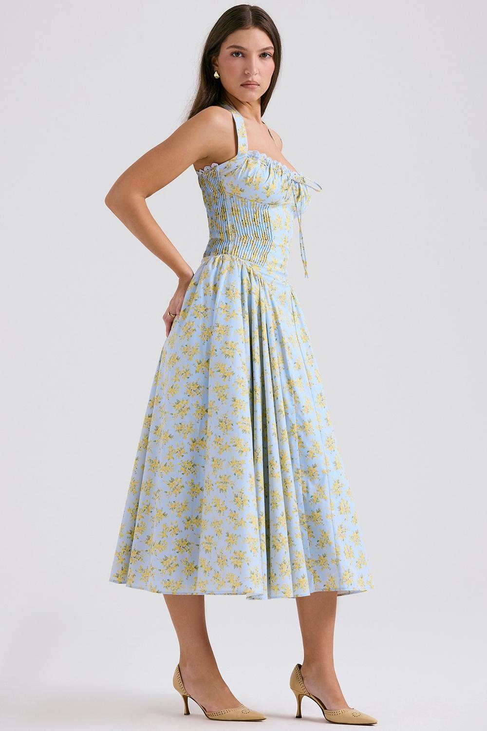 Adabella  soft blue vintage floral print cotton halter sundress Product Image