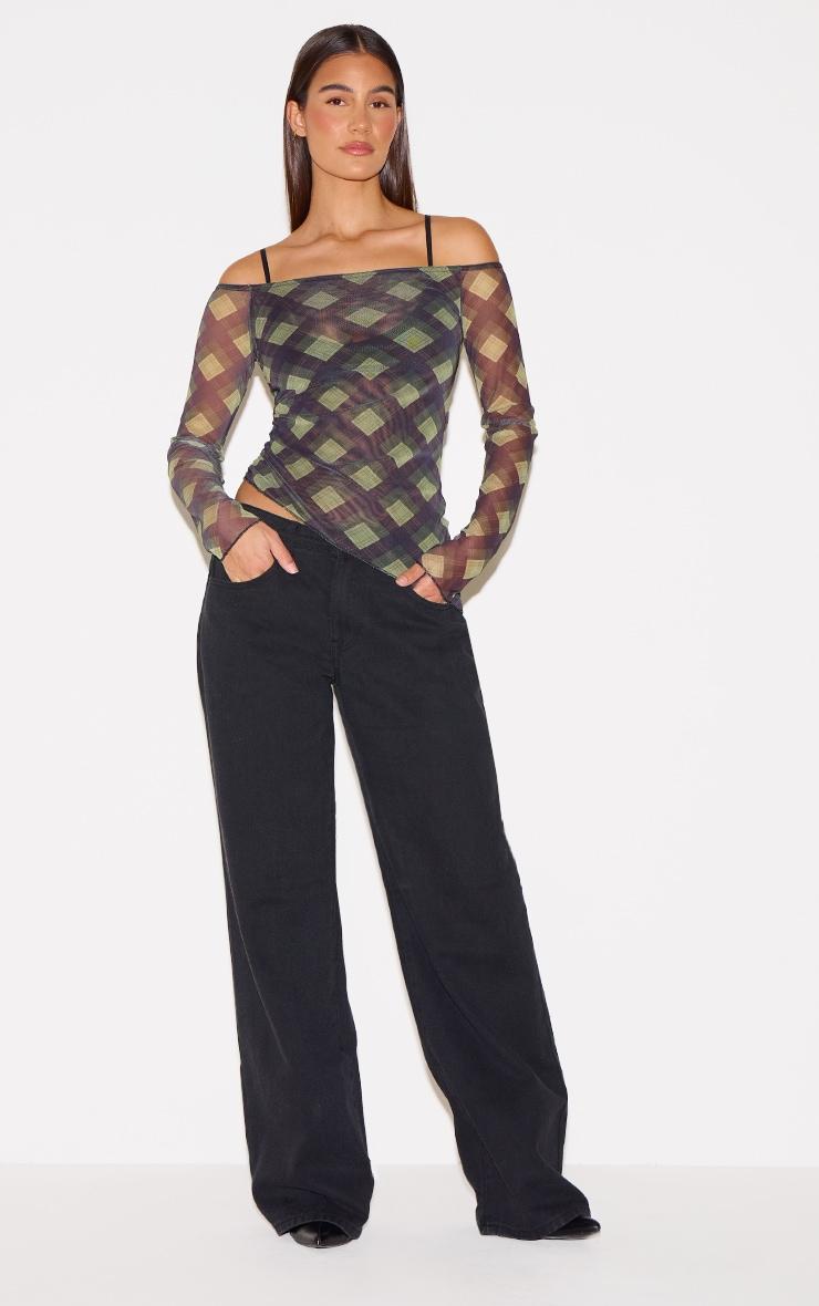 Multi Checked Bardot Asymmetric Hem Long Sleeve Top Product Image