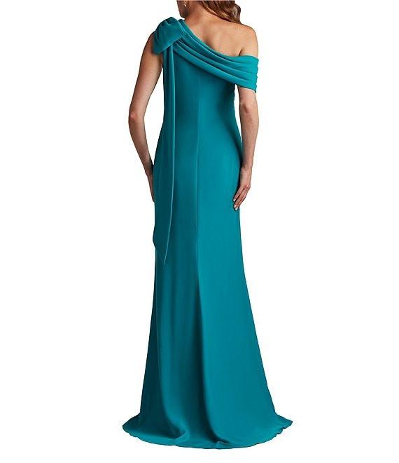 Tadashi Shoji Draped One Shoulder Bow Detail Crepe Sheath Gown Product Image