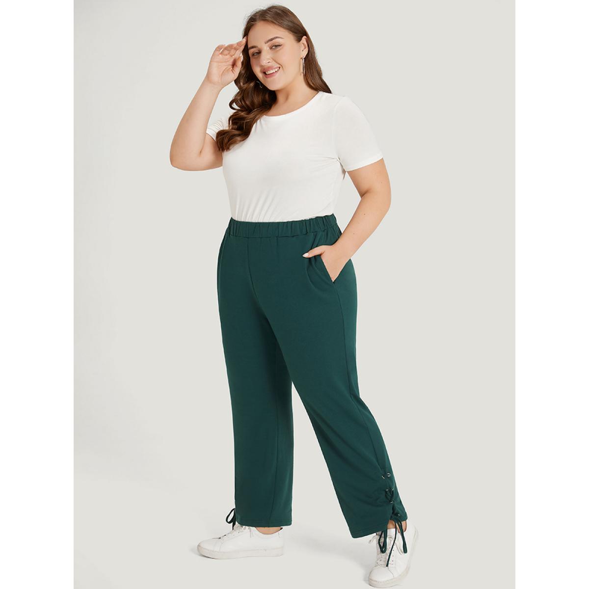Plain Pocket Elastic Waist Lace Up Side Sweatpants Emerald Plus Size Women Casual Dailywear Plain 10/M Bloomchic Product Image