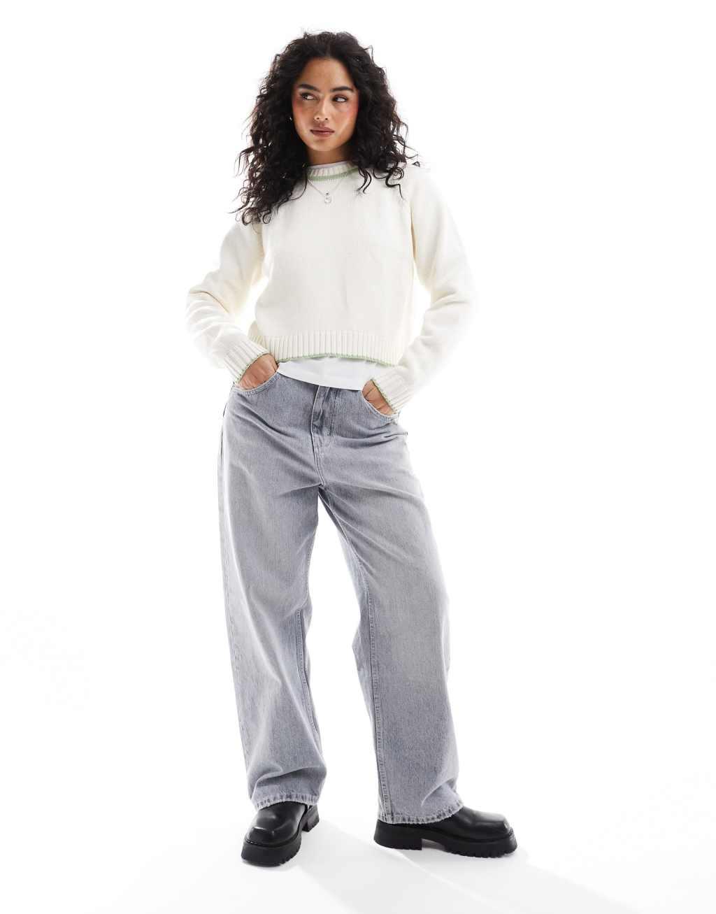 ASOS DESIGN crew neck sweater with fashioning detail and tipping in sage Product Image