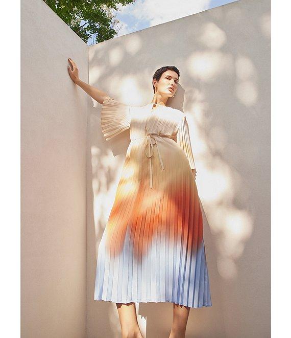 MISOOK Crepe De Chine Ombre Pleated Keyhole Neck Elbow Flutter Sleeve Midi Dress Product Image