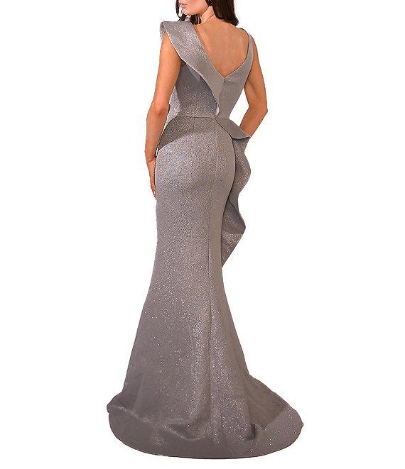 Terani Couture V-Neck Asymmetrical Sleeve Beaded Waist Side Peplum Gown Product Image