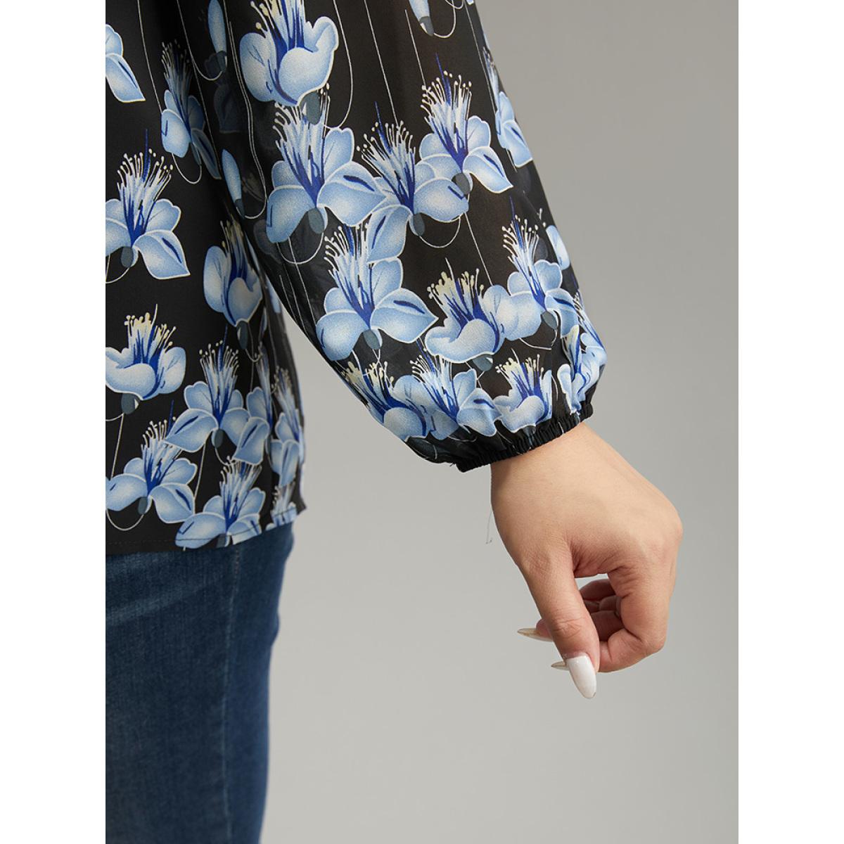 Plus Size BlackFlower Boho Print Lace Patchwork Mesh Button Up Blouse Women Elegant Long Sleeve V-neck Dailywear Blouses BloomChic 10/M Product Image