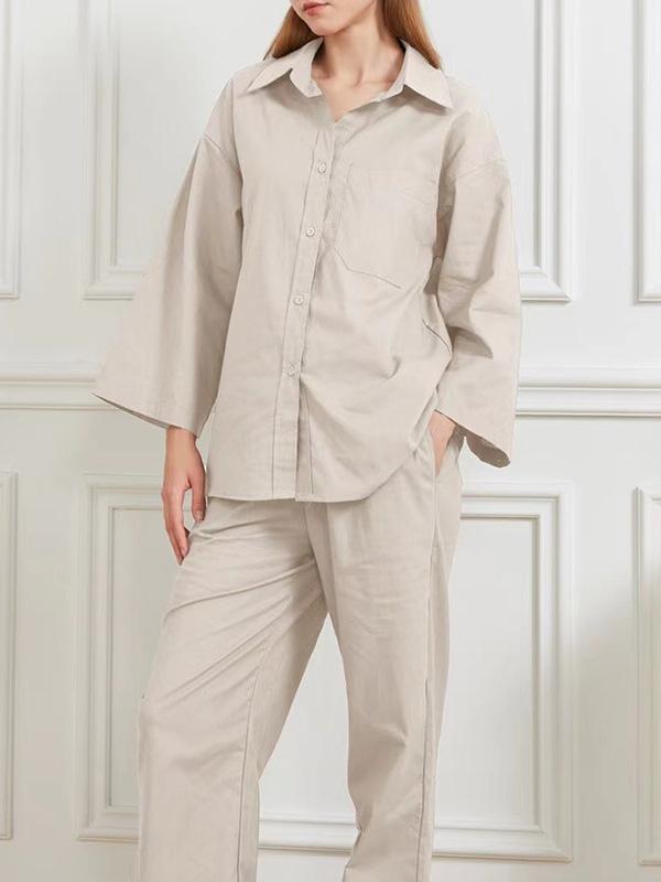 Loose Solid Color Split-Joint Long Sleeves Lapel Blouse + Pants Two Pieces Set Product Image