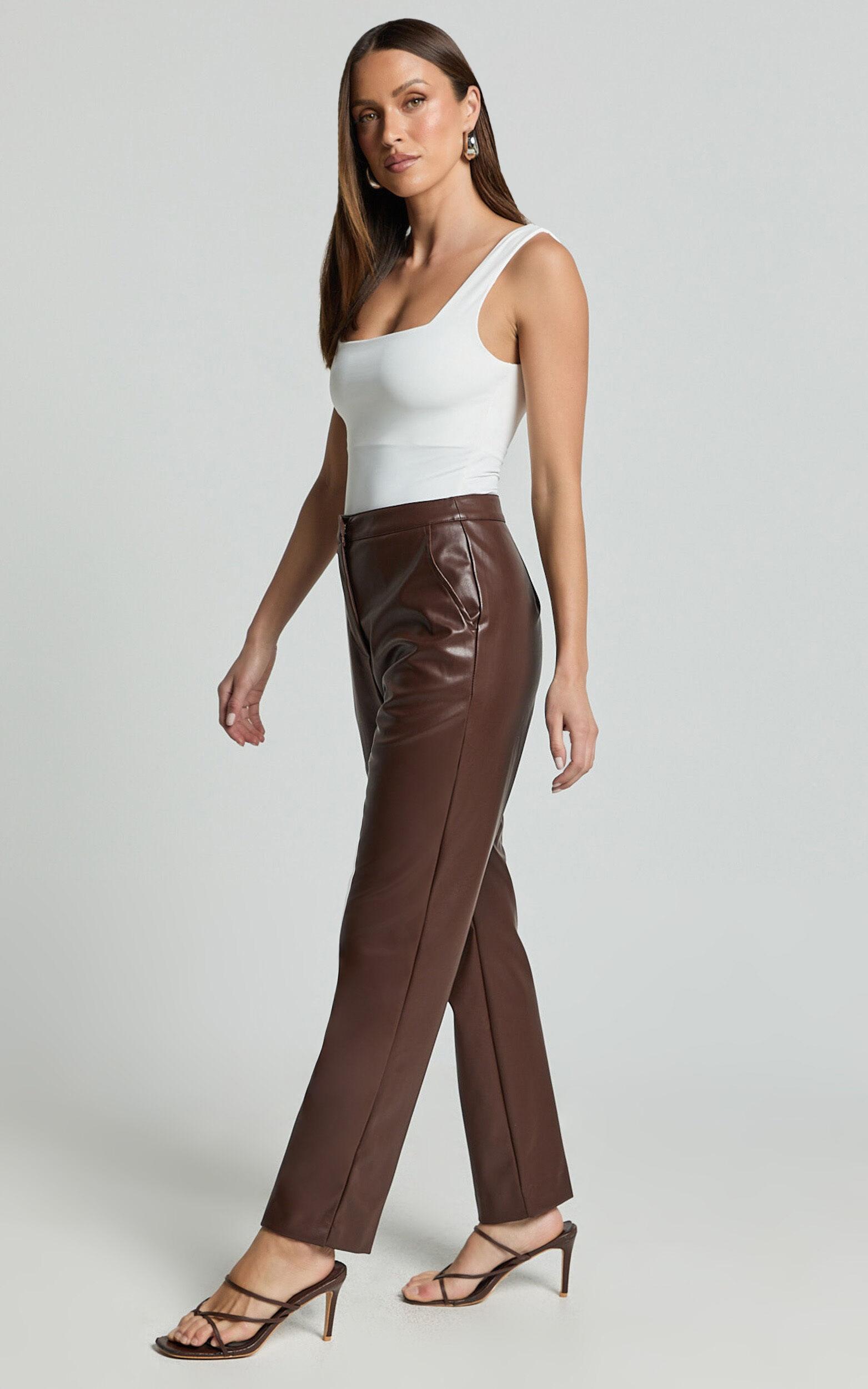 Azelia Pants - Mid Rise Cropped Faux Leather Pants in Dark Chocolate Product Image