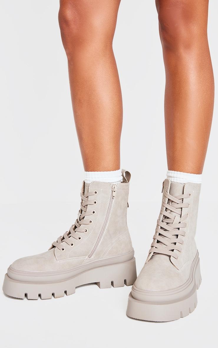 Beige Round Toe Chunky Sole Biker Boots Product Image
