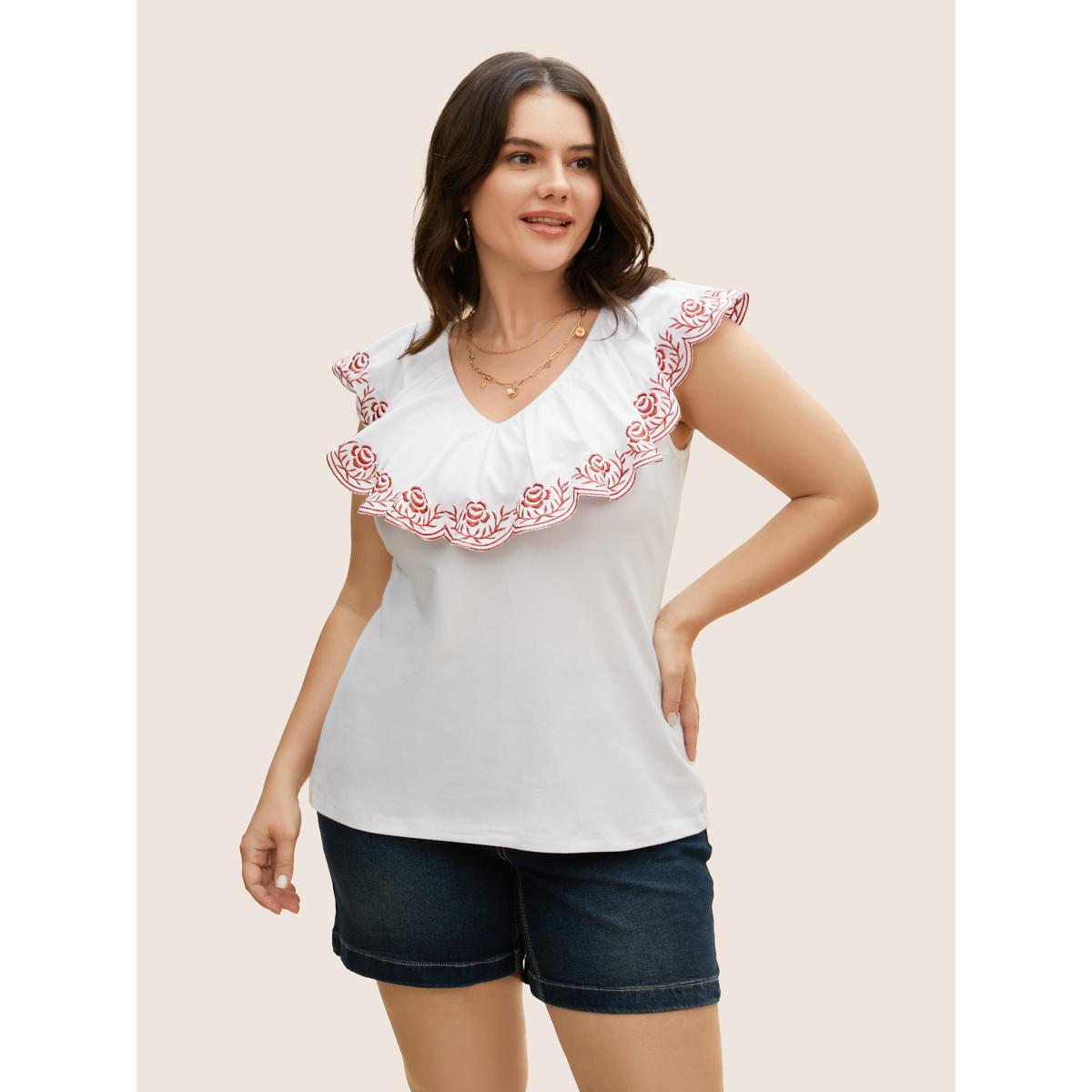 Plus Size Bandana Floral Embroidered Ruffle Trim Tank Top Women Originalwhite Resort Contrast V-neck Vacation Tank Tops Camis BloomChic 14-16/1X Product Image