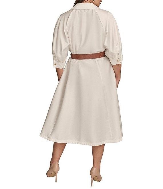 Donna Karan Plus Size Cotton Sateen Collared Neck Short Sleeve Belted Midi Shirt Dress Product Image