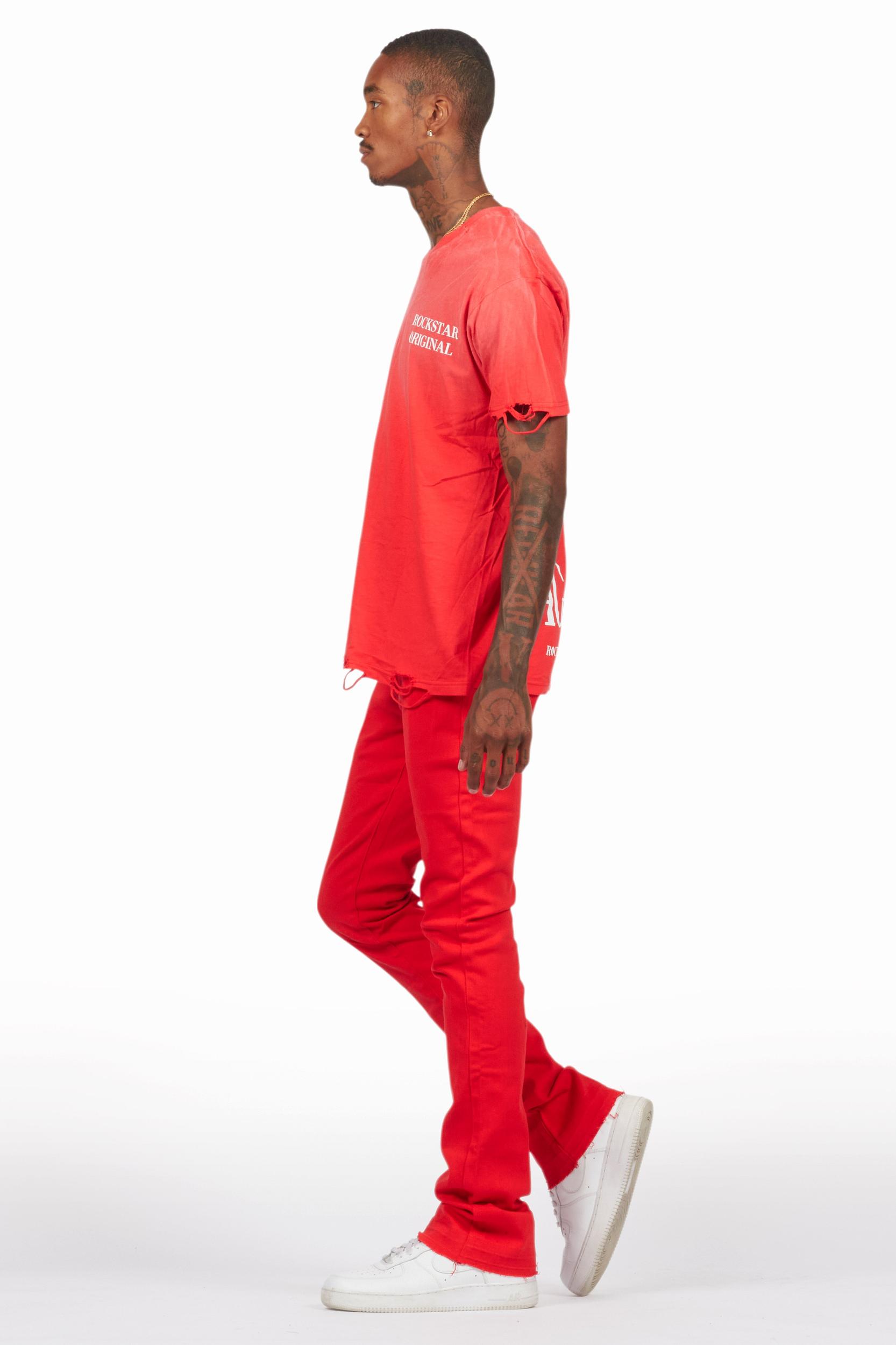 Drako Red/White Oversized Graphic T-Shirt/Dag Stacked Flare Jean Set Male Product Image